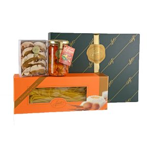 Confezione regalo classica Firenze contenente Tagliolini all’uovo 250g, Porcini Secchi Speciali 20g, Antipasto Campagnolo 290g