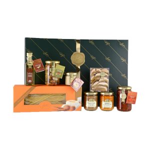 Confezione regalo classica Venezia contenente: Tagliolini all'uovo 250g, Condimento Il Tartufato Bianco con pezzi 100 ml, Bagna Caoda 180g, Agliolino 180g, Tartufella 180g, Cocktail di funghi in olio di oliva 280g, Porcini Secchi Speciali 20g, Pomodori Secchi Inaudi in olio di oliva 290g
